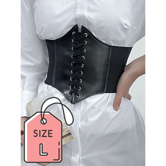 Wide Lace-Up Elastic Waist Tied Black Corset Belt NEW SIZE L - Picture 1 of 15